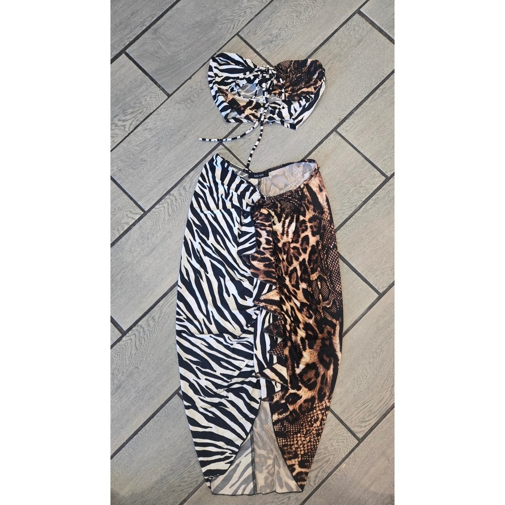 Win Win Mixed Animal Print 2 Piece Zebra Leopard Snakeskin Halter Midi Skirt L